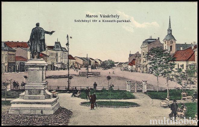 Carte postala Tirgu Mures - Centru - Piata Szechenyi - Statuia si parcul Kossuth