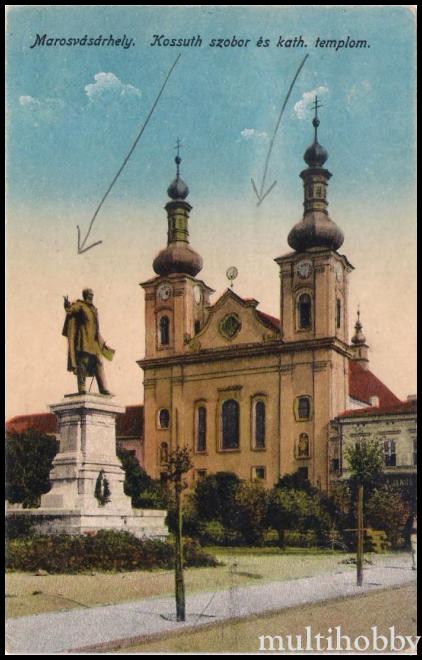 Carte postala Tirgu Mures - Statuia lui Kosuth si Biserica Rmano-Katolica
