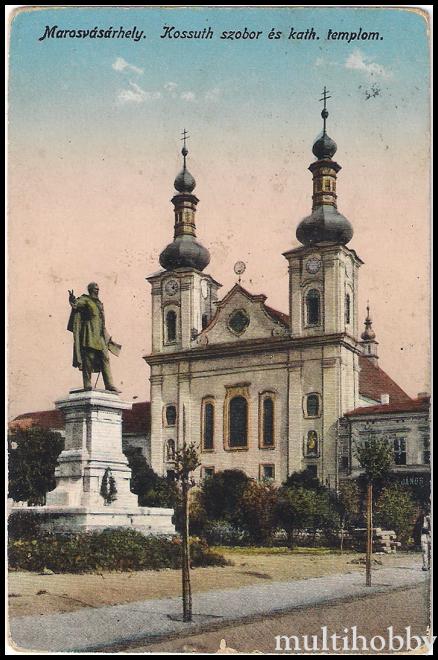 Carte postala Tirgu Mures - Statuia lui Kossuth si Biserica Romano-Catolica