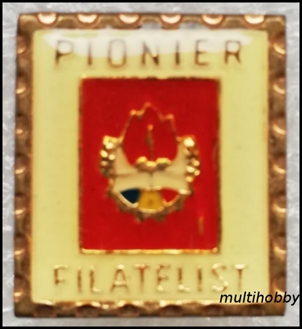 Insigna - Pionier filatelist - fond rosu